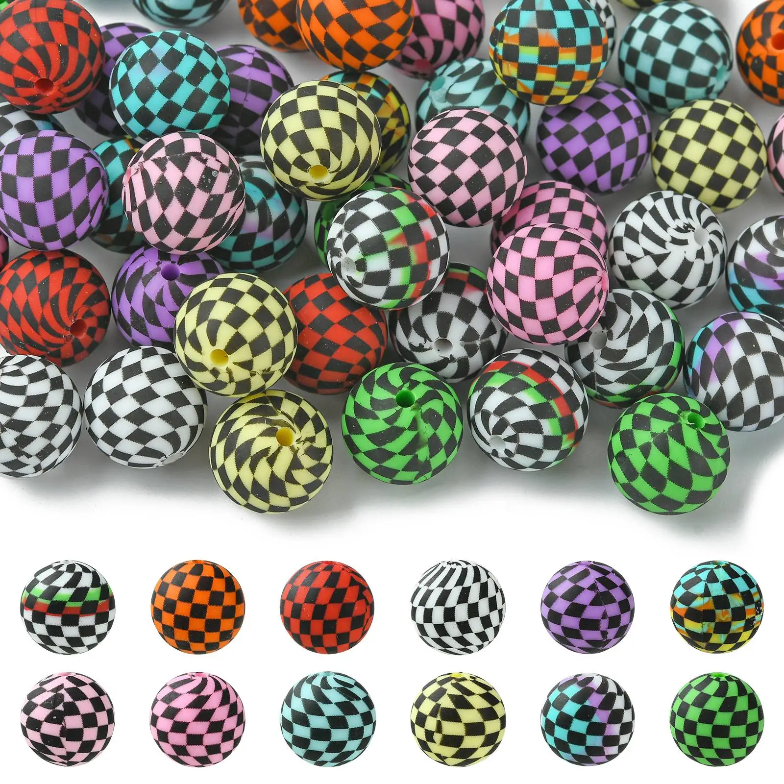 Pandahall 50Pcs 15mm Silicone Round Beads Tartan Checkered Pattern Spacer Beads Plaid Focal Beads for Jewelry Making Supplies