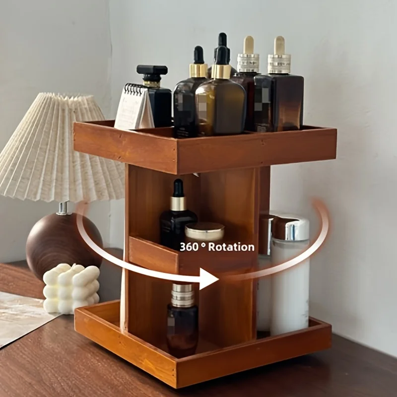 Rotating Makeup Organizer, Wooden Skincare & Cosmetic Storage Rack, Countertop Multi-Layer Vanity Tray, Beauty Product Holder
