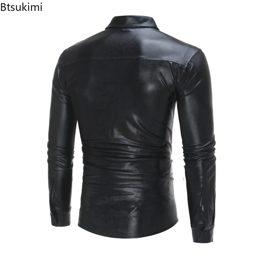 2025 Fashion Men's Personalized Printing Long Sleeve Shirts Metallic Coated Sexy Slim Button-down Shirts Party Nightclub Costume