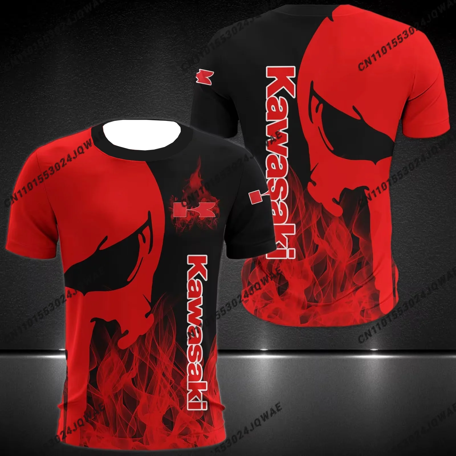 

Красная футболка с короткими рукавами и 3D принтом черепа Kawasaki, мужская уличная крутая модная повседневная футболка, летняя дышащая скоростная толстовка большого размера