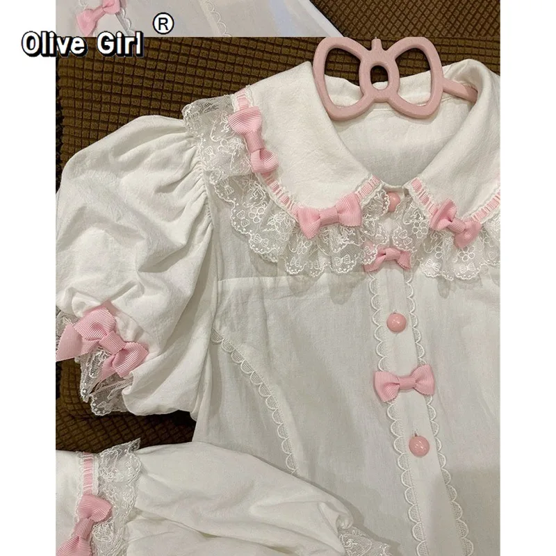 Olivegirl Blouse Shirt Women Girl's Top Lolita Cute Versatile Lolita with Stripes Strawberries Pink Bow Original Summer Shirt