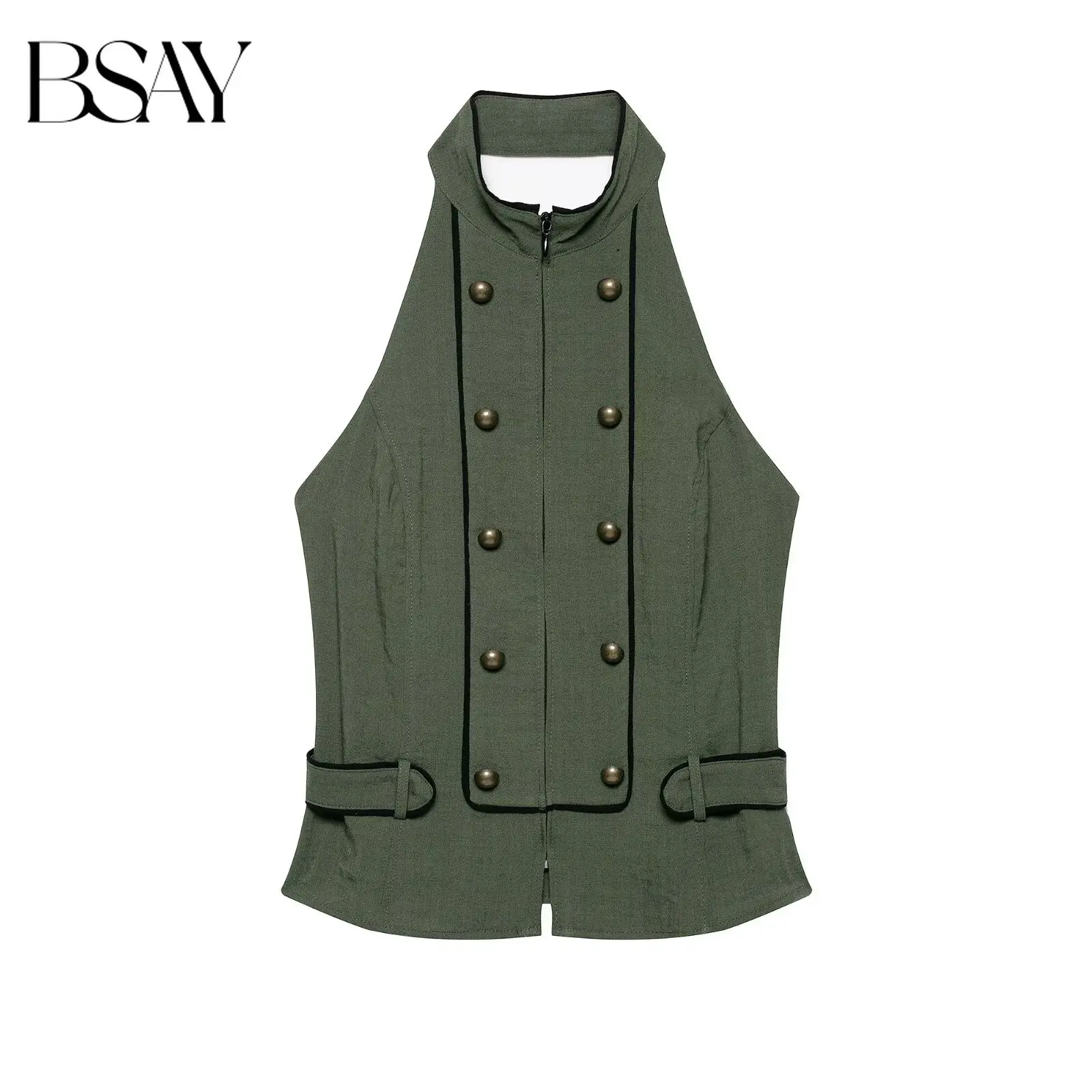 BSAY New Summer Halter Neck Vest For Women Stand Collar Double Breasted Sleeveless Top Slim Fit Retro Streetwear Party Waistcoat