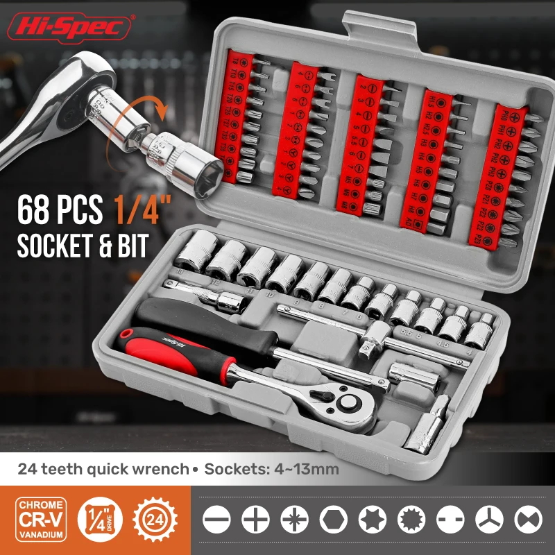 Hi-Spec-Kit d'outils de réparation de voiture, boîte à outils mécaniques, douille à cliquet, embouts de tournevis, ensembles d'outils à main, 68 pièces, 1/4 pouces