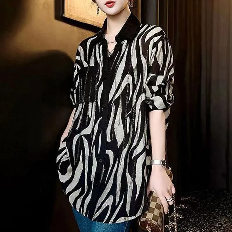 

Fashion Turn-down Collar Zebra Blouse Spring Autumn Commute Single-breasted Women's Clothing Chic Diamonds Commute Loose Shirt