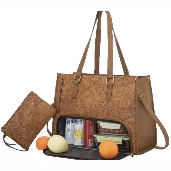 2-in-1 Lunch Bag Combination, 15.6-Inch Tote Bag with Lunch Compartment, PU Women's Three in One Work Handbag, Wallet, Backpack