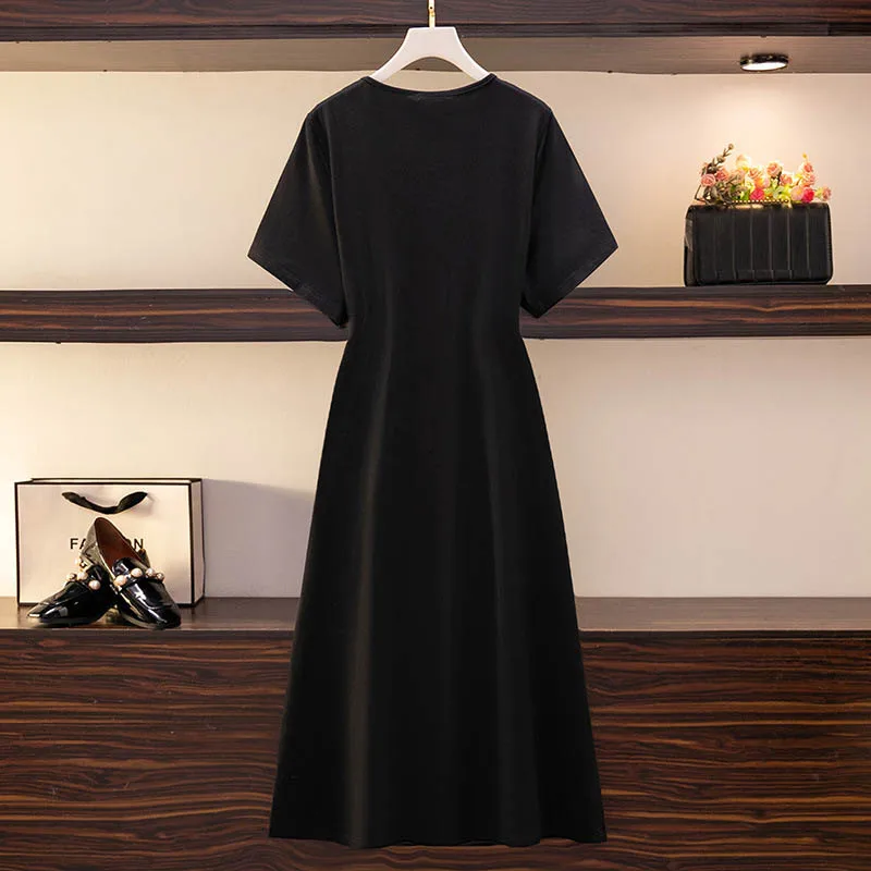 150Kg Plus Size Women\'s Bust 152 Summer Loose Irregular Slit Short-Sleeved Dress Black Red 5XL 6XL 7XL 8XL 9XL