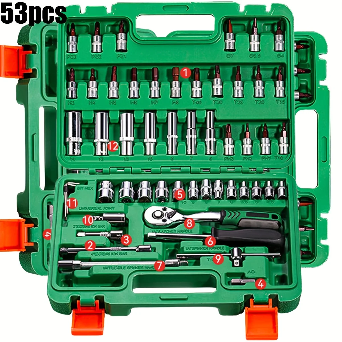 

72 teeth/53pcs Drive Socket Set,SAE and Metric Hex Bit Socket Set,Ratchet Wrench Set with S2&CR-V Sockets,Mechanic Tool Kits