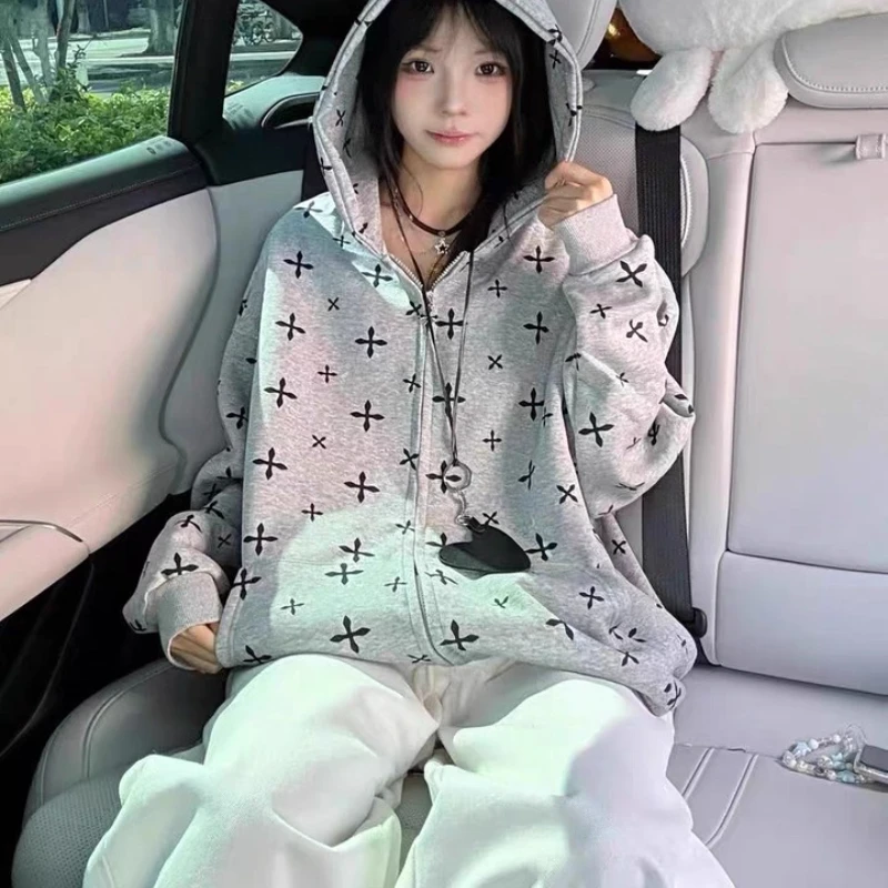 American Retro Full Print Women's Zipper Sweatshirt 2025 Autumn Winter New Design Loose Fit Slimming Versatile Hoodie Couples