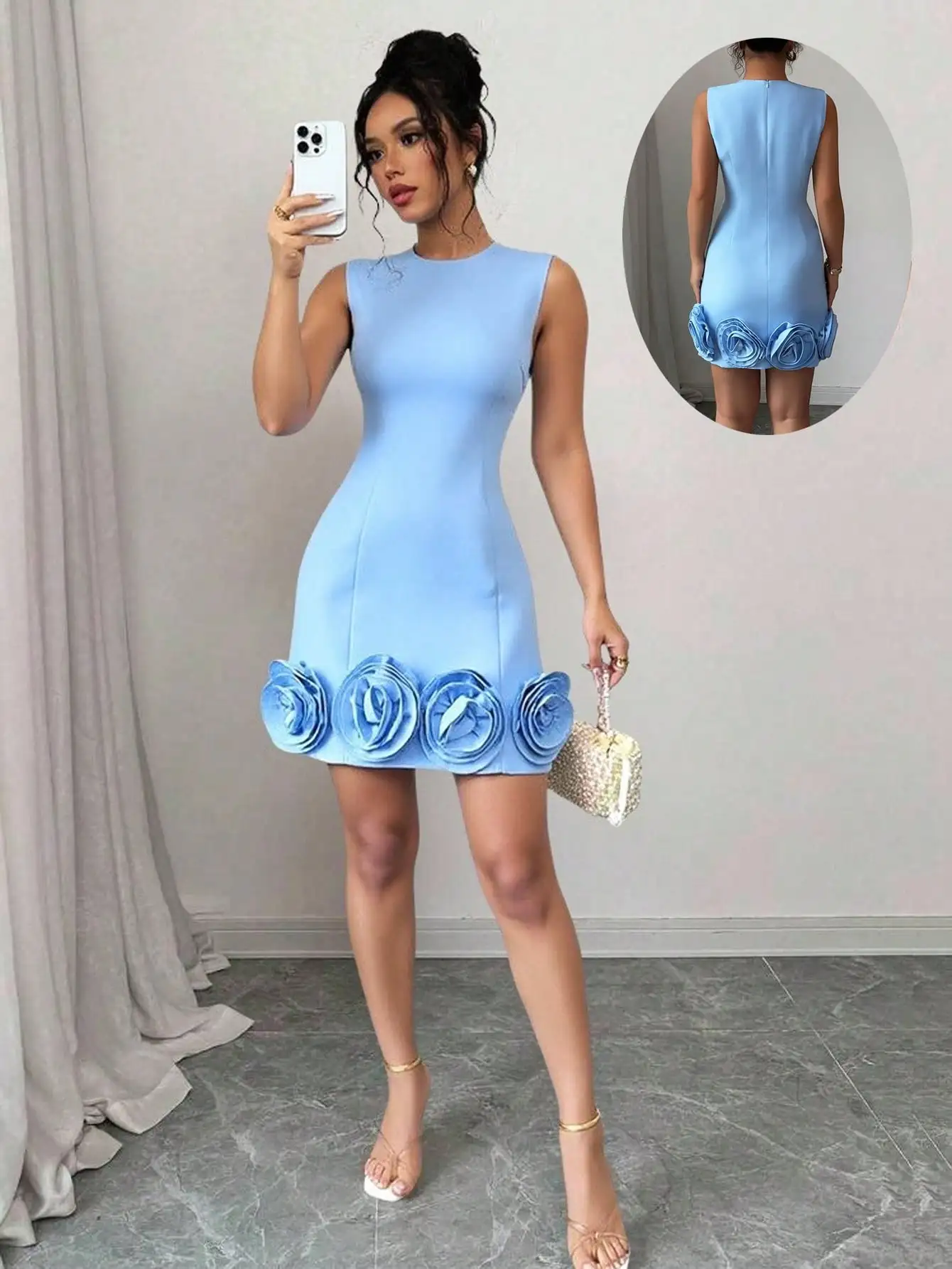 

Light Blue Fitted Sleeveless Mini Dress with 3D Floral Hem Detail