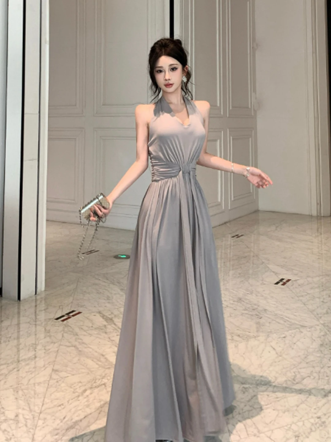 

Retro Unique Beautiful Neck Hanging V-Neck Dress Fashionable Elegance Long Summer 2026 Cotton Sleeveless Women's Dress
