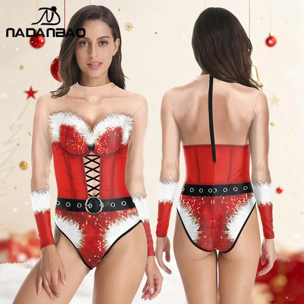Nadanbao Women Red Christmas One-Piece Swimsuit Long Sleeved Zipper Bodysuit Elastic Swimwear Festive Holiday Party Bathing Suit