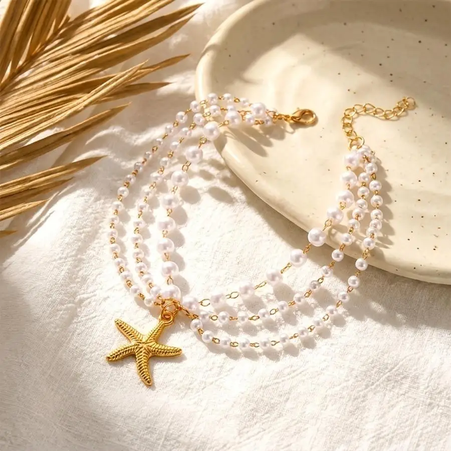 1/5/10/20/50/100pcs Women'S Fashion Ocean Style Alloy Starfish Pendant Faux Pearl Chain Multi-Layer Chain Anklet, Personalized V