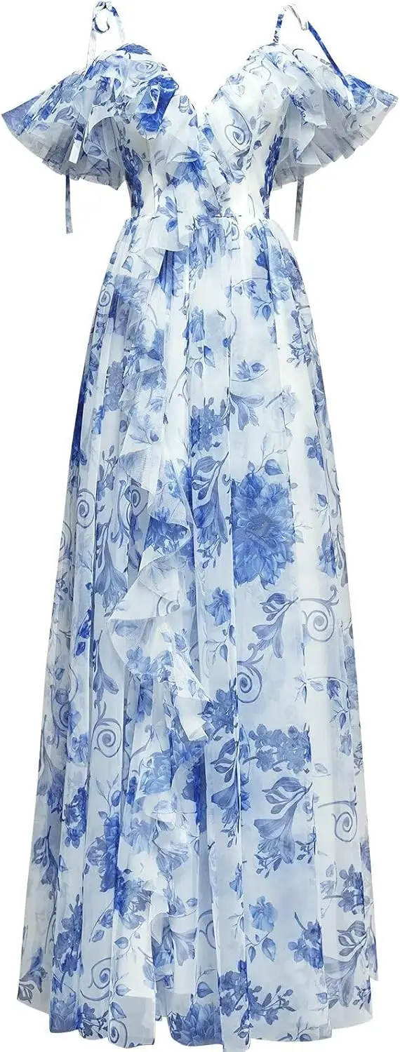 

Basgute Women's Floral Print Tulle Prom Dresses Slit Long Spaghetti Straps V Neck Formal Evening Party Gown Evening Dresses