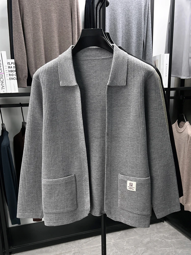 الراقية العلامة التجارية إلكتروني تنقش جيب طية صدر السترة سترة لينة الراحة محبوك بلون الرجال سترة معطف قمة الموضة غير رسمية جديدة