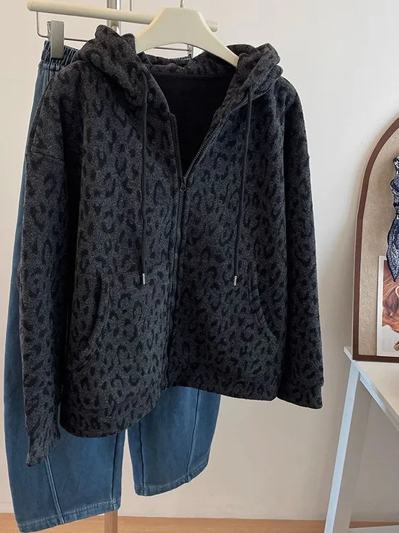 

Толстовка на молнии с капюшоном больших размеров, утепленная флисом, с леопардовым принтом, верхняя одежда для женщин, осенне-зимняя теплая повседневная уличная одежда
