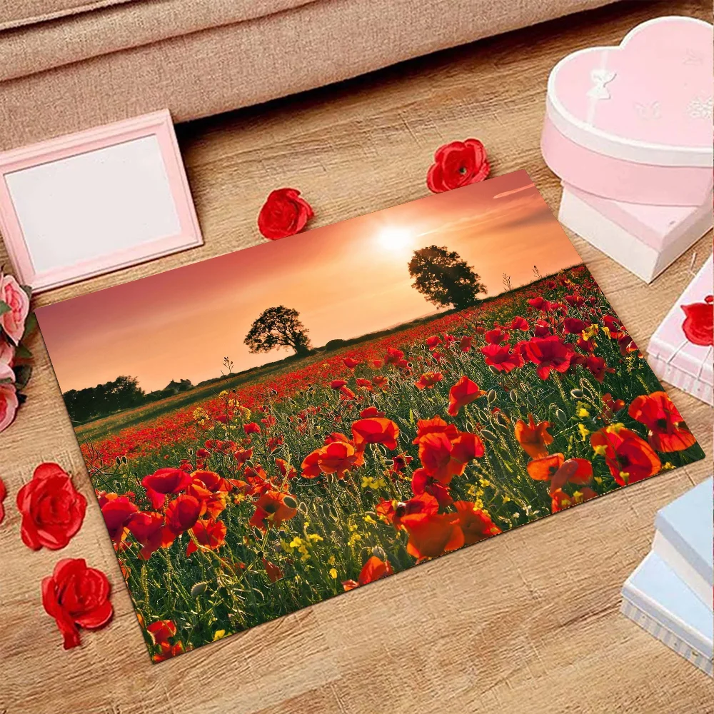 1pc Poppy Flowers U-Unikkos Bathroom Absorbent Mats Anti-Slip Mats Home Decor Supplies Carpets Home Kitchen Floor Mats