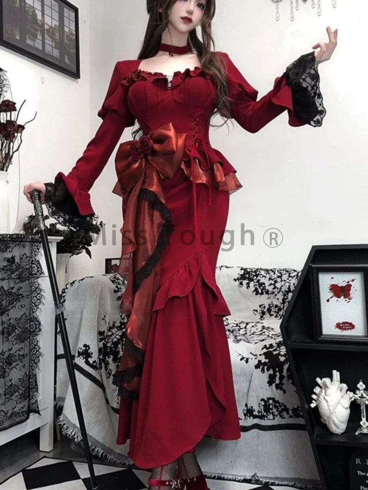 Autumn Red Vintage Dress Women Lace French Retro Elegant Evening Party Dress Female Long Sleeve Chic Midi Dress Halloween 2024