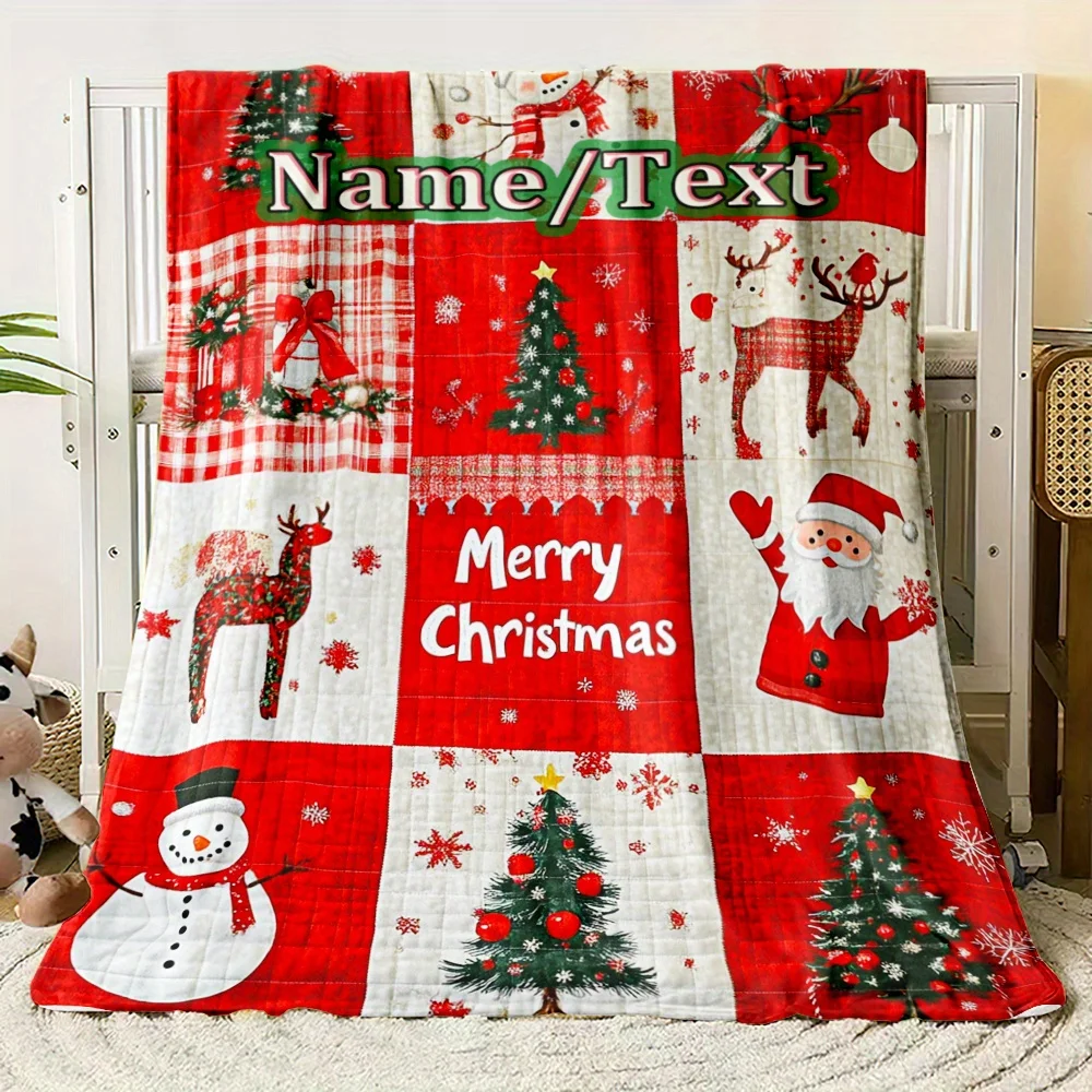 Personalized 1pc Custom Name, Lightweight Flannel Throw Blanket with Christmas Design for Sofa, Bed, Travel, Living Room, Office