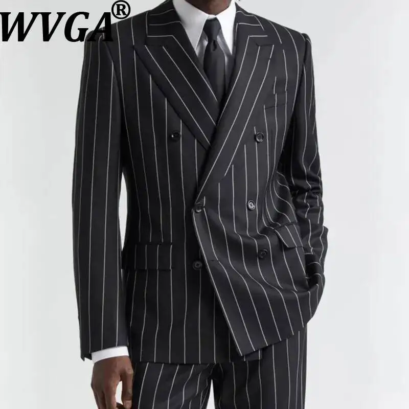 WVGA Spring Autumn New Men's Striped Fashion Turn-Down Collar Blazer Niche Chic Casual Straight Suit Pants Two Pieces Set W22235