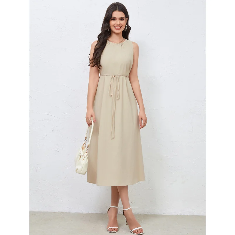 

YQ1-insHot-Selling Casual Elegant Design Waist-Tie Slimming Ruched Back Dress
