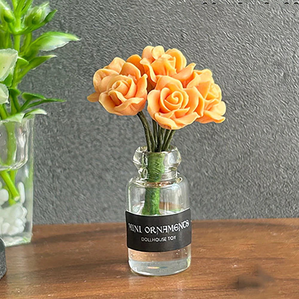 1/12 Dollhouse Miniature Roses Bottle Mini Potted Roses Flower Model Toy for Doll House Accessories Decoration OB11