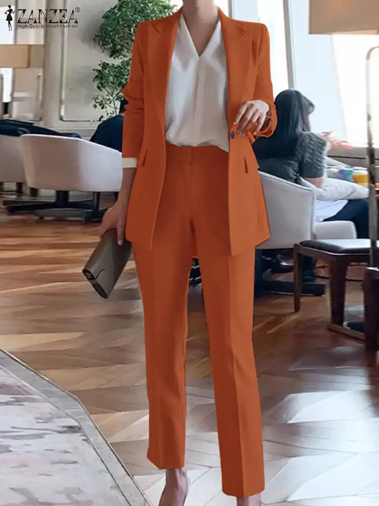 ZANZEA Elegant Women OL Work Pants Sets 2PCS Long Sleeve Blazer Suits Fashion Spring Office Trousers Suits Solid Tracksuit 2024