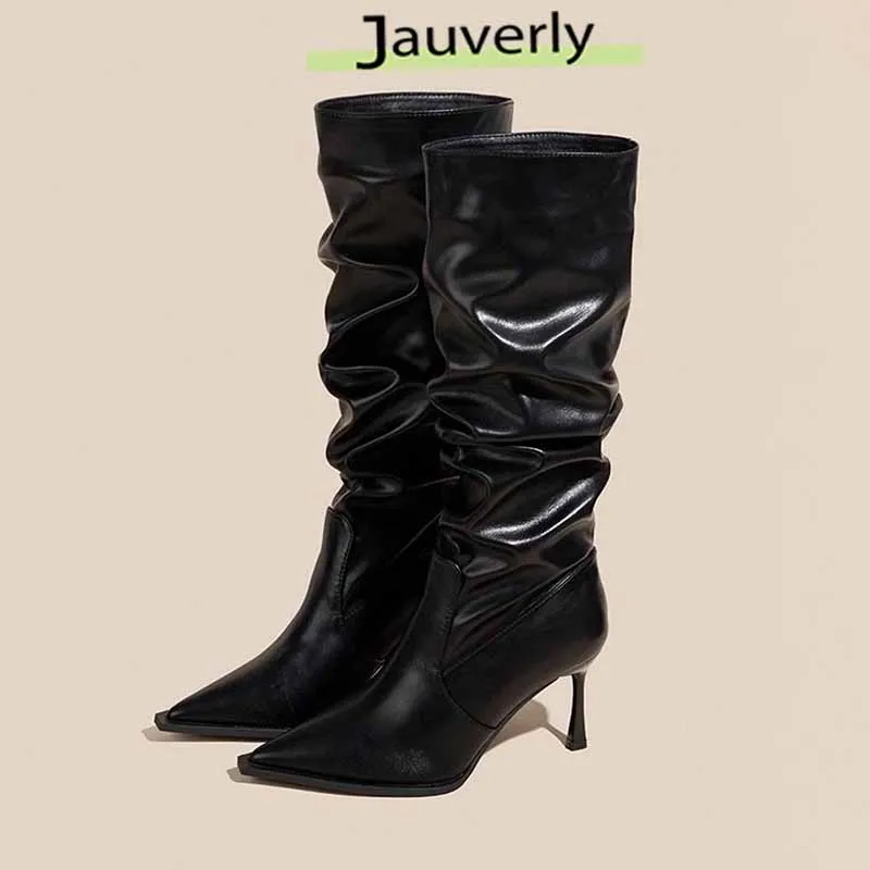 

2025 Плиссированные высокие сапоги в европейском и американском стиле, острый носок на высоком каблуке 10 см, осенние и зимние женские коричневые высокие сапоги