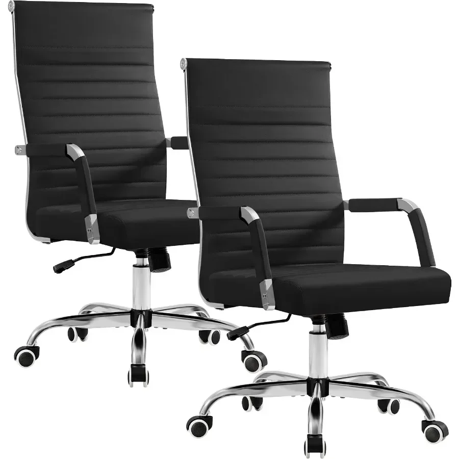 Executive ribbed mid-back PU leather office desk chair for ergonomic conference room use, black, adjustable height and swivel w