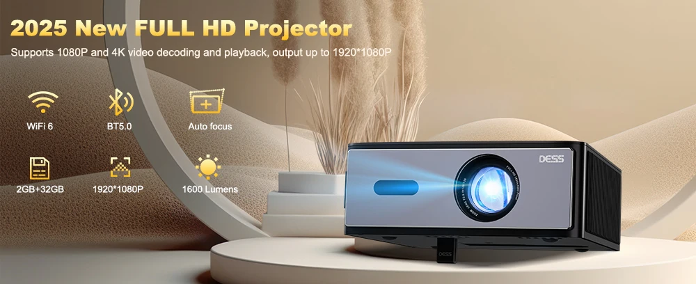 DESS 1080P 4K-Projektor in nativer Bildqualität mit Autofokus, intelligenter Sprachsteuerung und Unterstützung für Heimkino-Projektoren und 3D – Detail 1