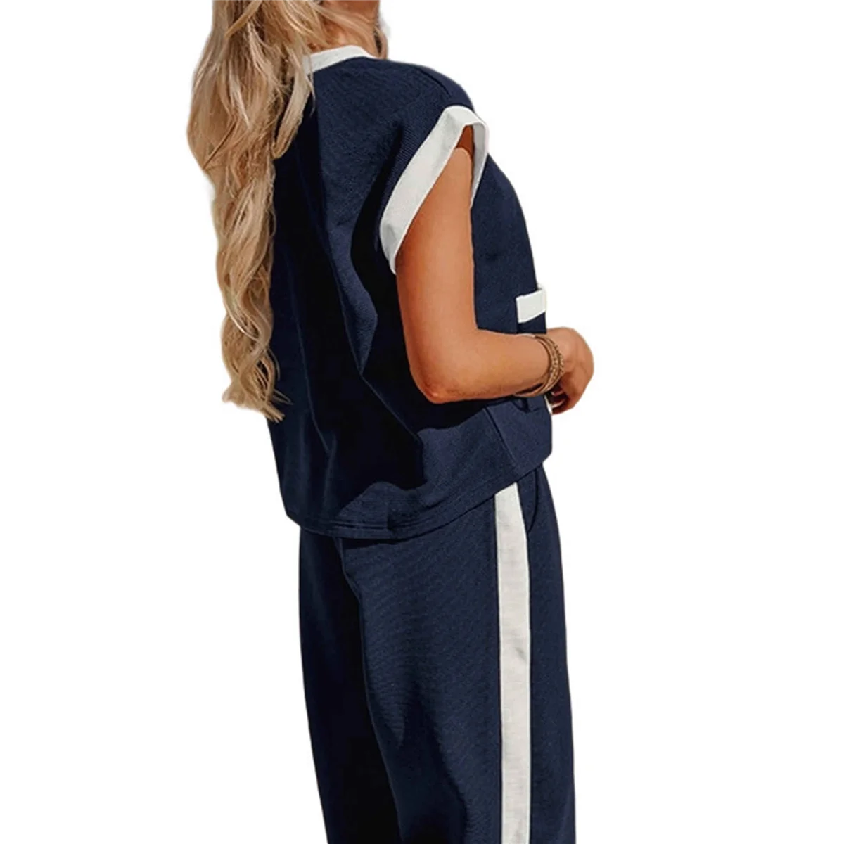 ABQR 여성 여름 라운지 세트 의상 반팔 풀오버 탑 와이드 레그 롱 팬츠 트랙슈트 네이비 블루 + 베이지 화이트 XL