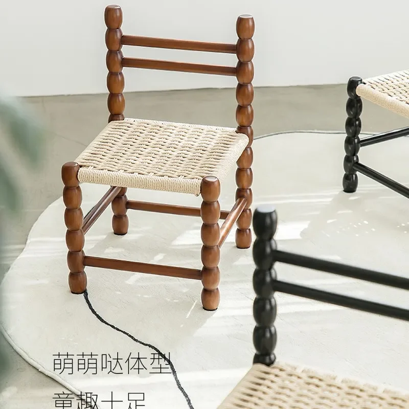 for Solid Wood Braided Gourd Chair with Backrest Retro Nordic Simple Wabi-sabi Style Dining Chair Rope Weaving for Homestay
