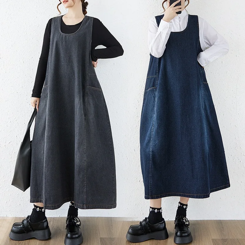 

Women Denim Dresses Solid Dress Oversize Pocket Round Neck Sleeveless Ankle Length Slight Strech Loose Fit Casual 2026 Autumn