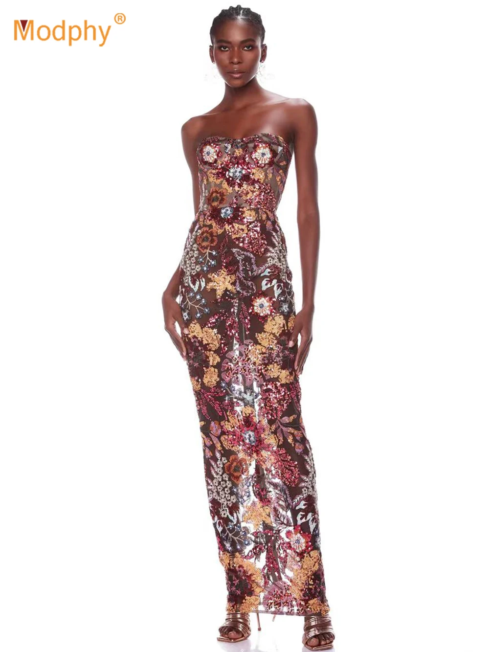 

Sexy Strapless Perspective Mesh Embroidery Shiny Sequins Tight Long Dress Women Sleeveless See Through Dress Nightclub Party