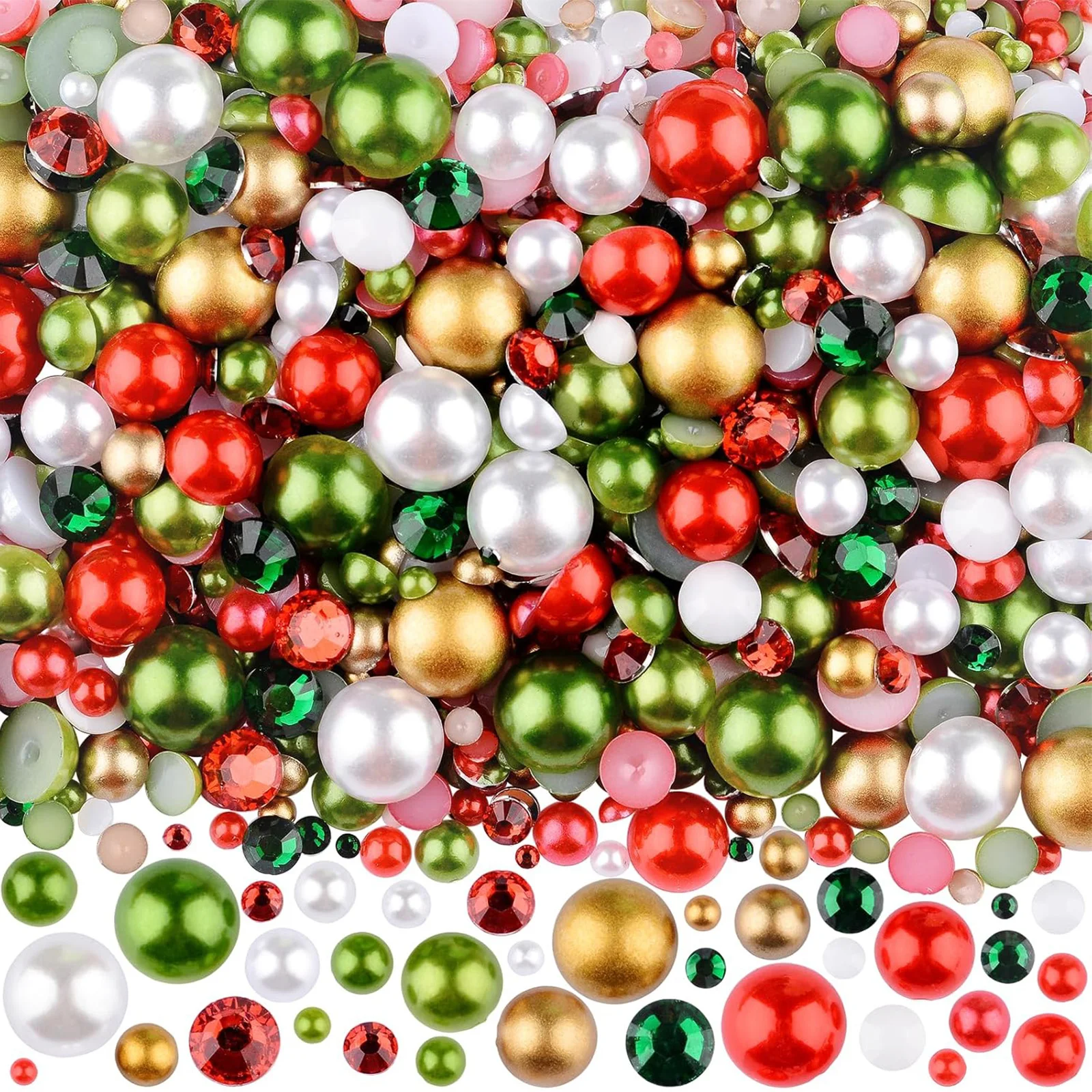 30g de perles et de strass mixtes rouge vert, strass plats et perles pour nail art, bricolage artisanal 3mm-10mm taille mixte