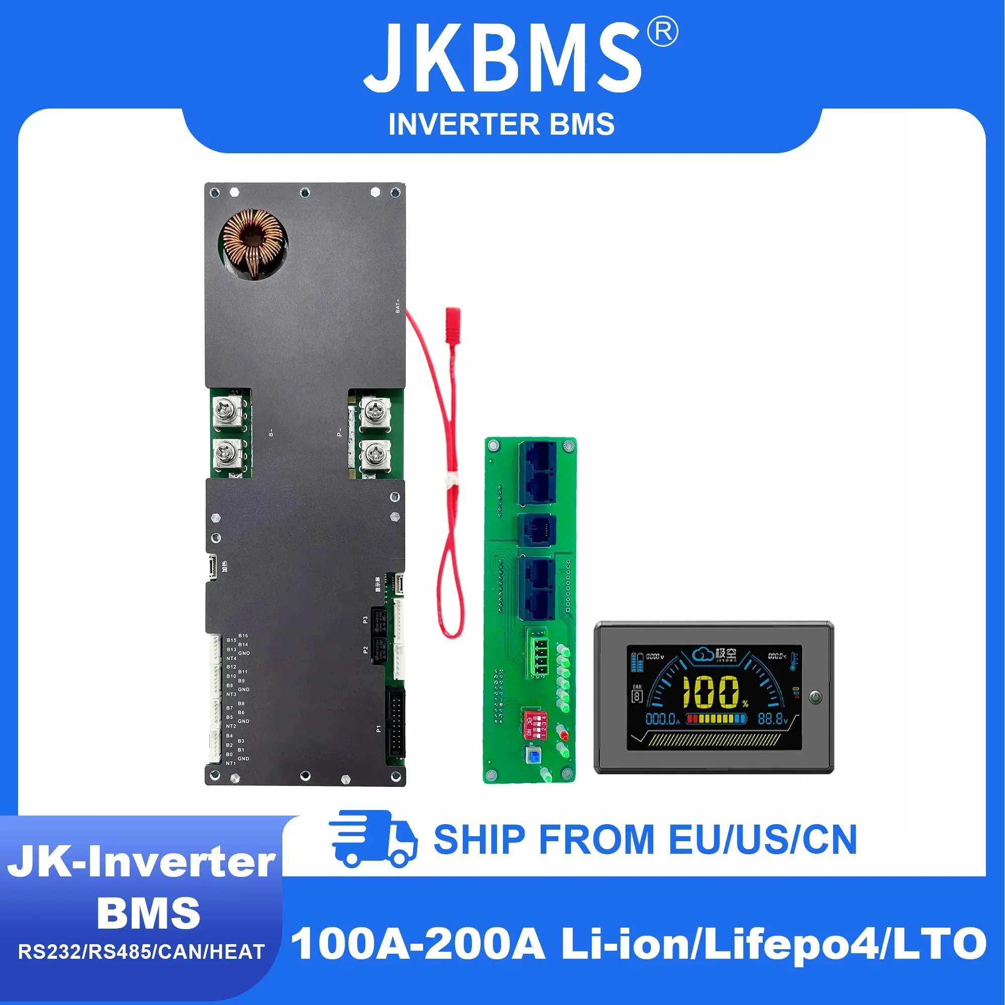 JKBMS-inversor do armazenamento de energia da família, inversor Lifepo4/Li-íon/LTO para a conexão de Growatt Deye Victron, 8S, 16S, 24V, 48V, 100A, 150A, 200A