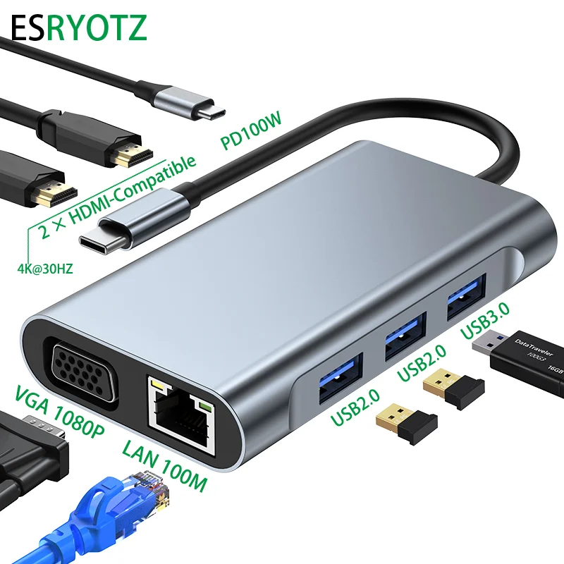 

4k двойной HDMI-совместимый USB-концентратор Тип C USB3.0 PD100W 100M LAN-порт VGA 8 в 1 мульти-порт адаптер для MacBook для ноутбука