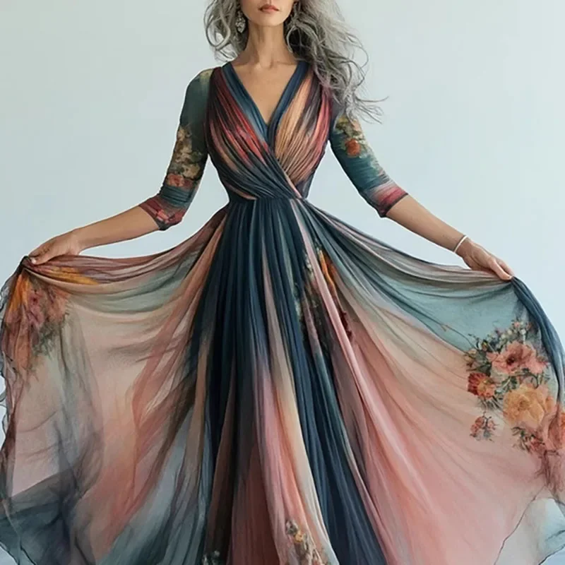 Retro Women V Neck Floral Print A-line Party Maxi Dresses Elegant Stripe Collision Wrinkles Vacation Lady Chic Evening Gown 2025