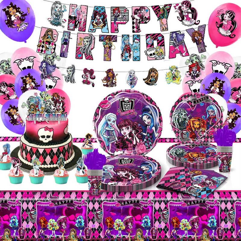 monster high Theme Party Supplies Set Anime Birthday Cake Decoration Banner Tablecloth Disposable tableware Balloons Toys Gifts