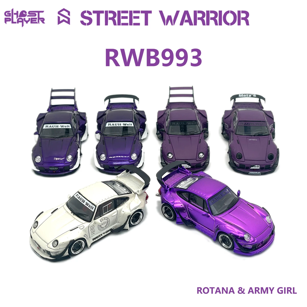 Street Warrior & Model TMCS2025 1:64 RWB 993 Rotana & Army Girl Lila-Weißes Widebody Tuner Diecast Modellauto Auf Lager