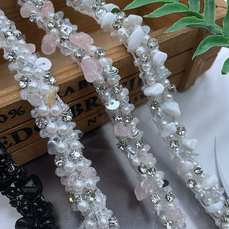 10Yards DIY Hand-stitched Pearl Rhinestone Beads Embroidered Lace Ribbon Wedding Dress Skirts Collar Neckline Sewing Appliques