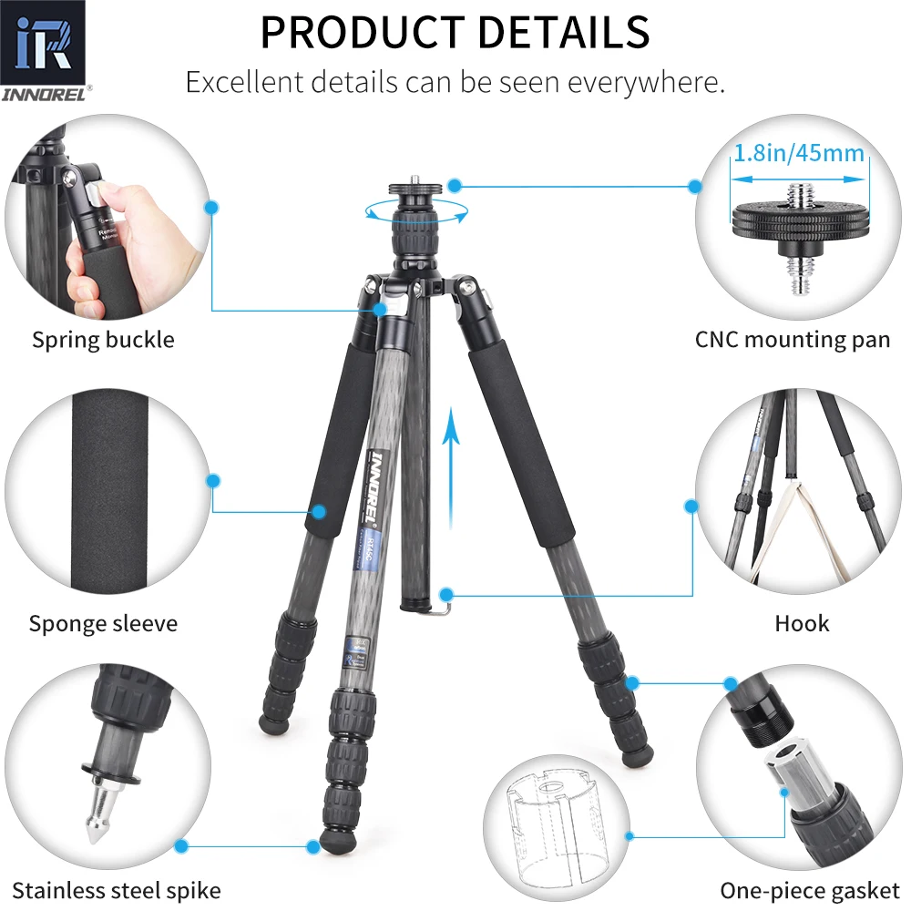 Portable Carbon Fiber Tripod-INNOREL RT45C Professional Travel Lightweight Monopod for DSLR Camera with Ballhead, Load 15kg