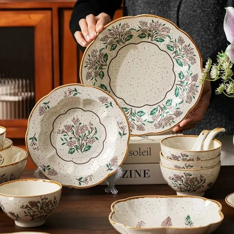D20light Luxury Retro Household Bowls, Dishes, Chopsticks And Tableware Set, Underglaze Color Flower Ceramic Plates