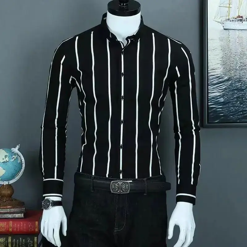 2024 Men's Classic Striped Slim Fit Business Dress Shirt Warm Fleece Lined Long Sleeve  Collar Autumn Fashion Casual Shirt