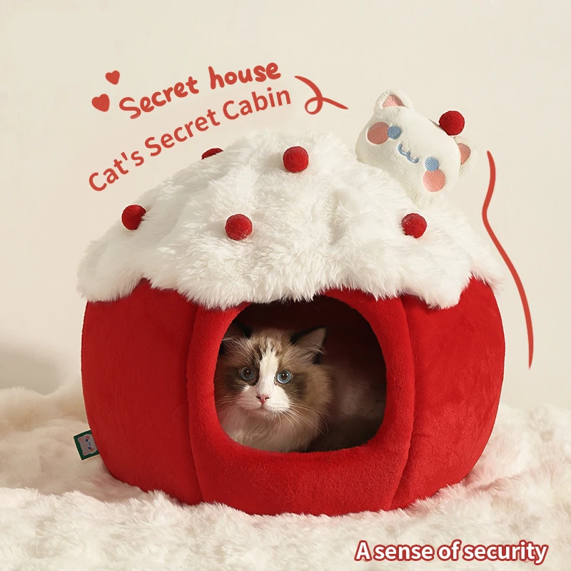 HOOPET Cat House Cat Litter Winter Warm Super Large Cat Bed Winter Pet Cat House Enclosed Security Strawberry Pet Litter