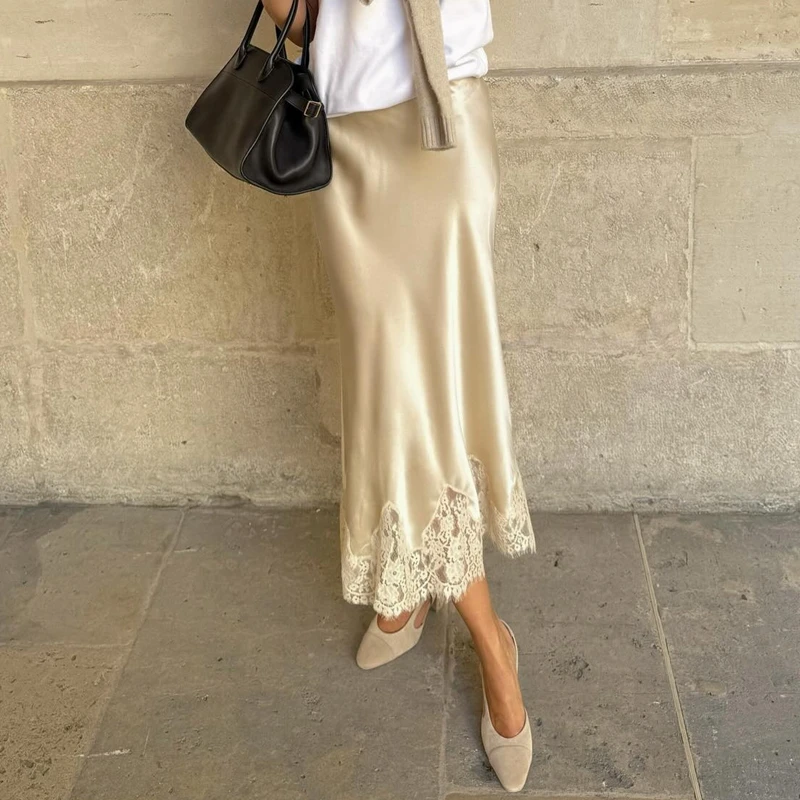 Damen-Maxiröcke aus Satin mit floralem Spitzenbesatz, elegante modische Dame, seidiger, fließender A-Linien-Rock, Y2k, zum Ausgehen, halber Slip, lange Röcke