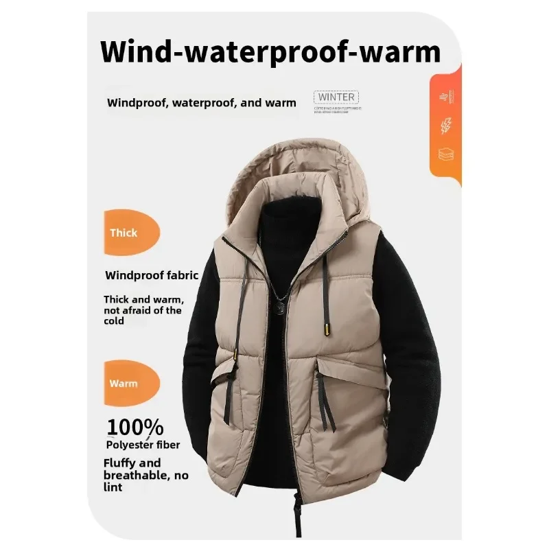 

Модная уличная пуховая куртка с хлопковой подкладкой, жилет, мужской крутой и модный жилет, мужская рабочая одежда, жилет с несколькими карманами, жилет с капюшоном на молнии