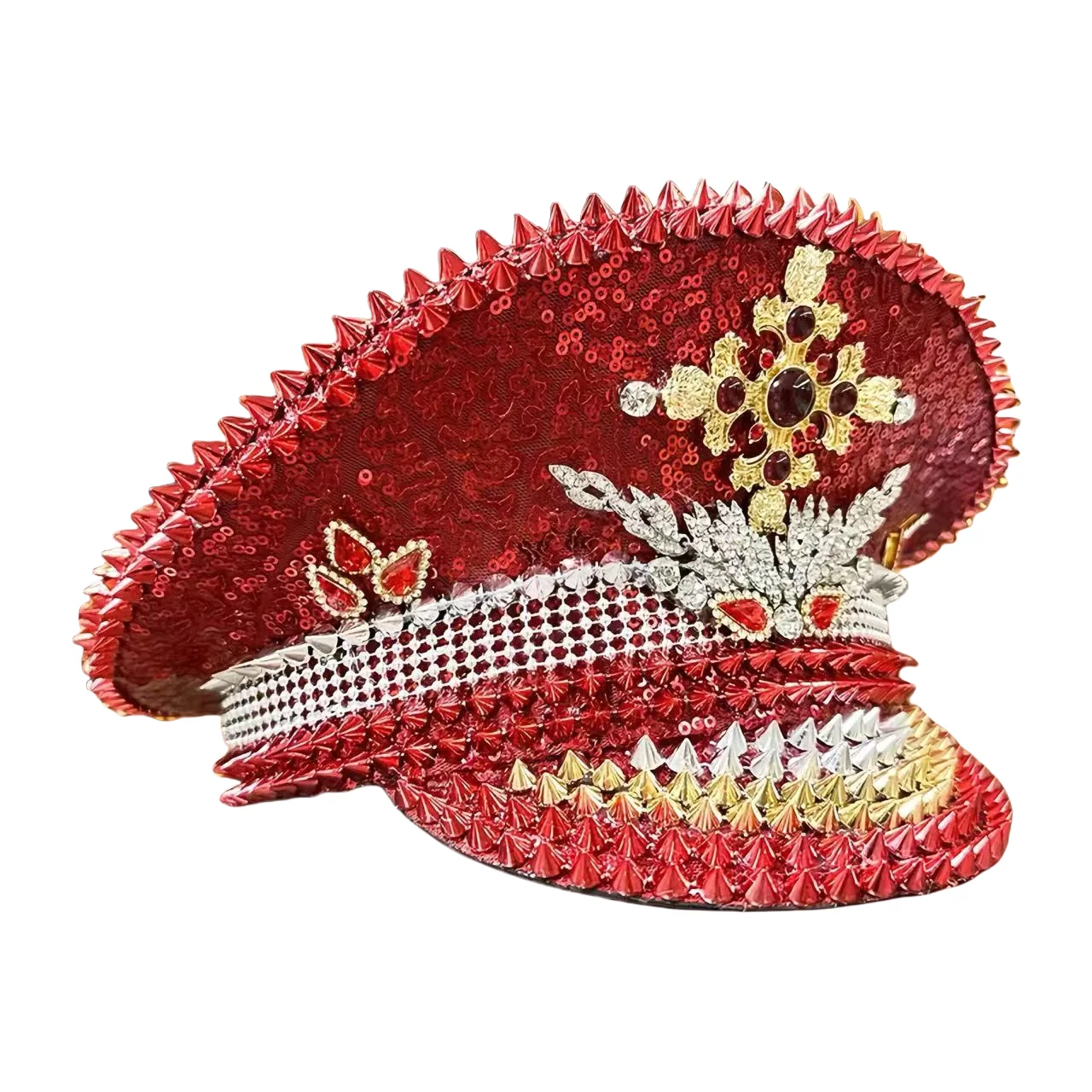 HongLuan Yellow Laser Leather Loop Captain Hat Rhinestone & Military Caps for Woman, Rave Festivals Accessories ＆ Party Cap Man