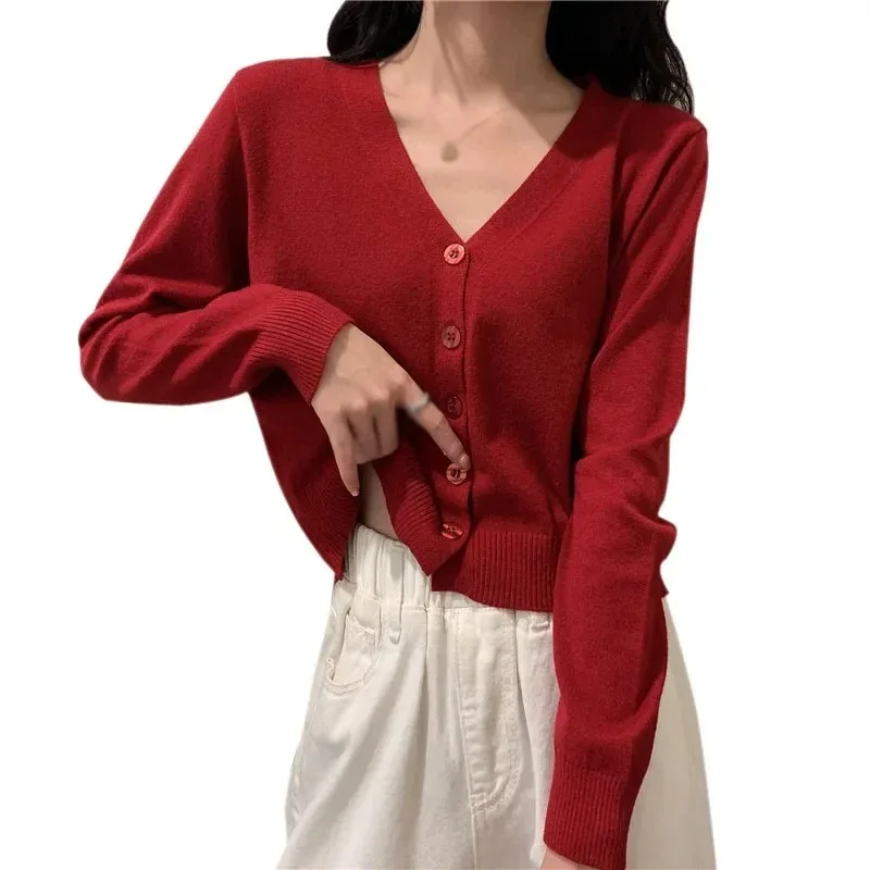 Women's Long Sleeve Cropped Cardigan V Neck Button Down Knit Lady Autumn Spring Knitted Single-breasted Cardigan Sweaters