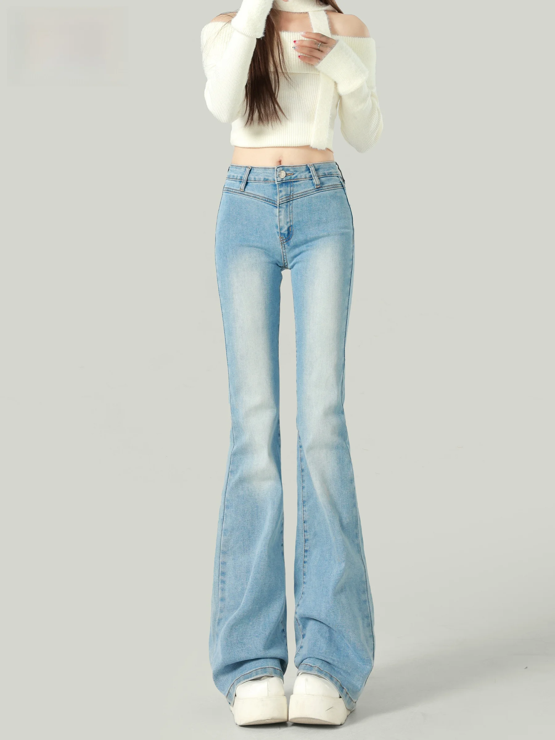 

Американские джинсы-клеш с высокой талией для женщин, осенняя новинка, эластичные, облегающие, повседневные, на молнии