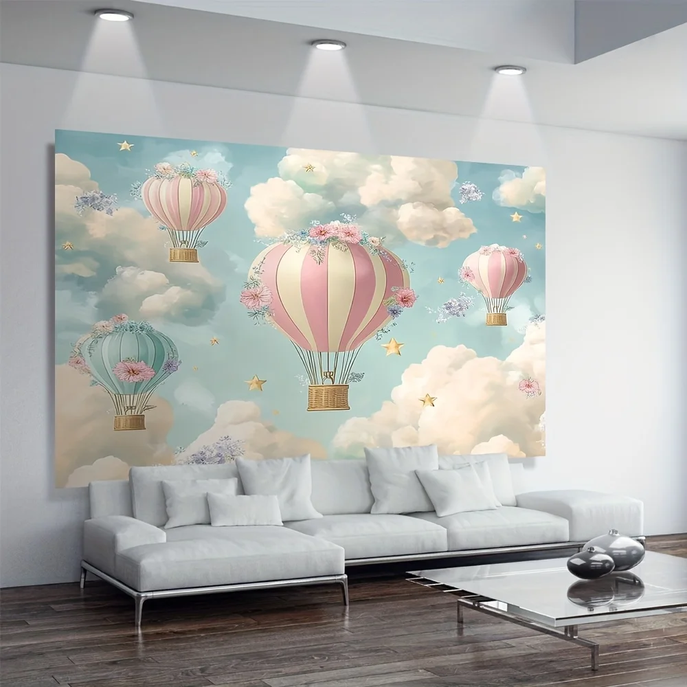 Ein skurriler Polyester-Hintergrundstoff mit Heißluftballon-Thema, geeignet für Familienfeiern und Feiern